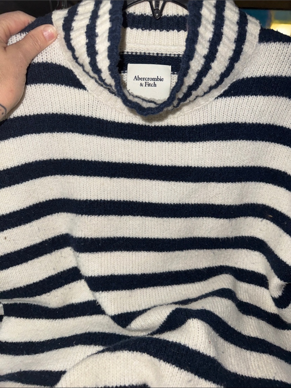Abercrombie & Fitch Navy and Cream Striped Cowl Neck Sweater 0025